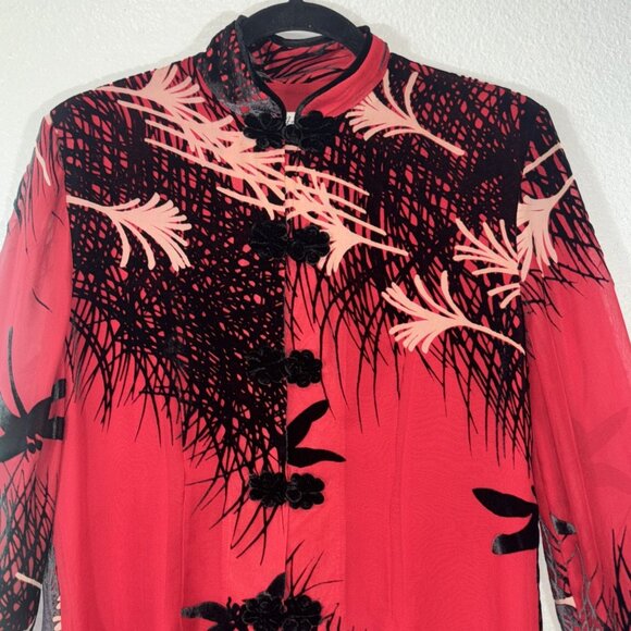 Aris A Velvet Top Asian Crane Stand Collar Silk Knot Kimono Boho Artsy Women's S - Picture 2 of 9